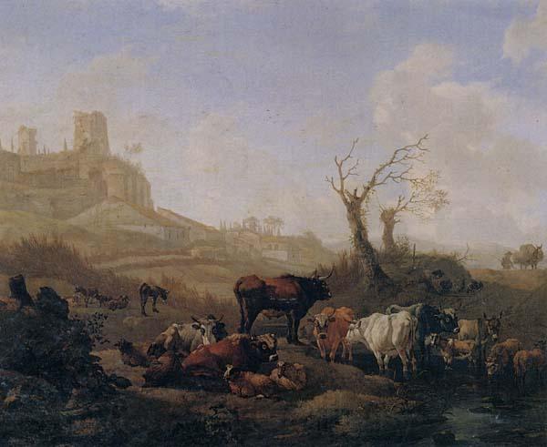 William Romeyn Cattle and sheep by a stream in a pasture,a town beyond Spain oil painting art